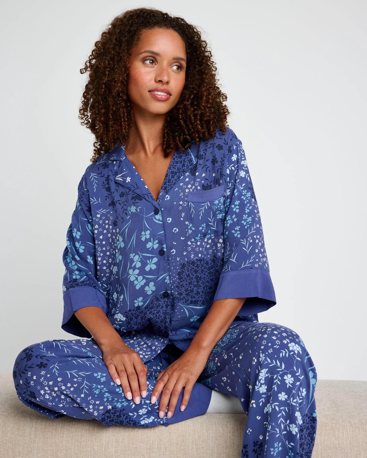 Ditsy Patchwork Quarter Sleeve Top & Pant PJ Set