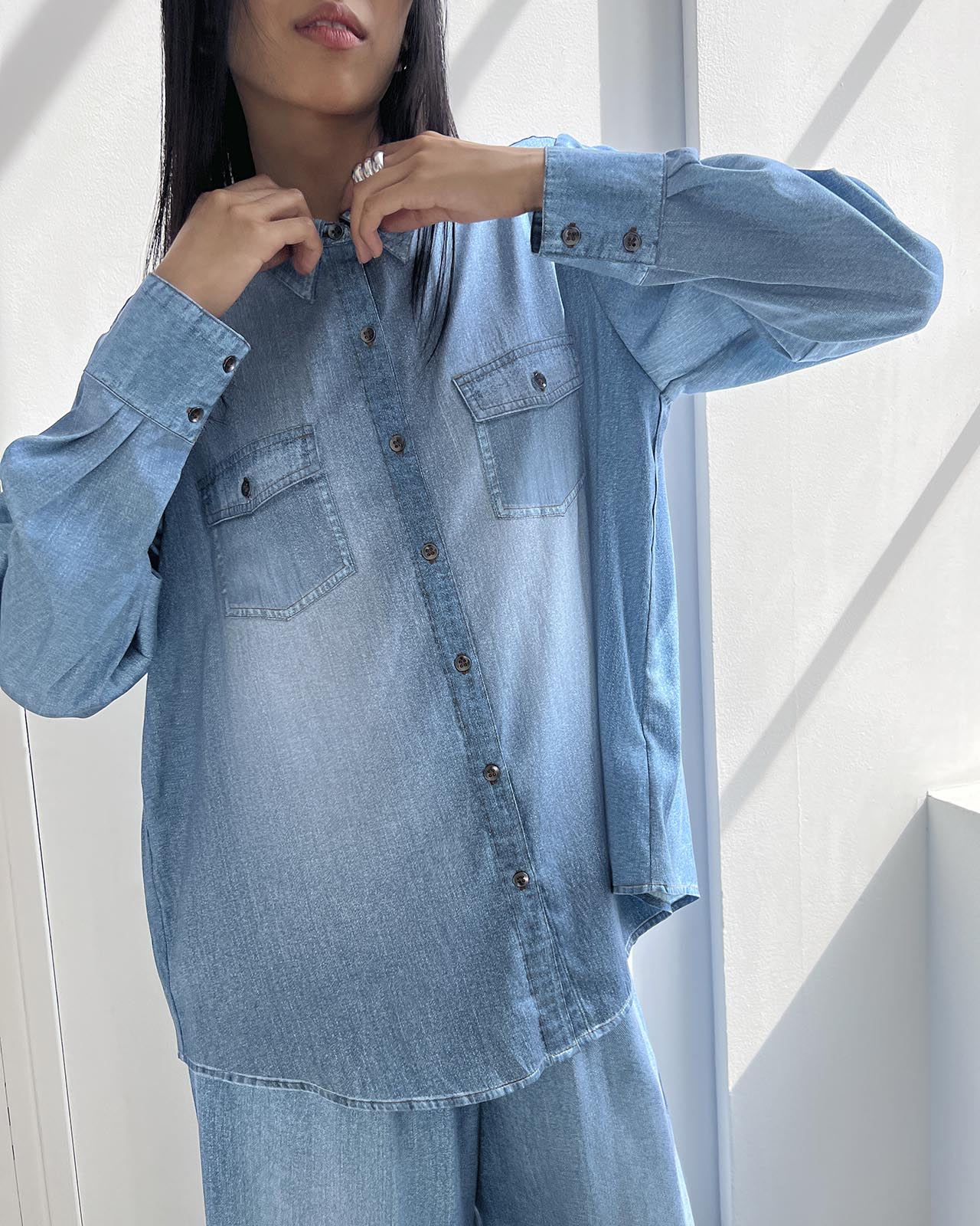 23081-kate-young-x-splendid-silk-button-down-denim-print-shirt-1.jpg Kate Young x Splendid Silk Button-Down Denim-Print Shirt