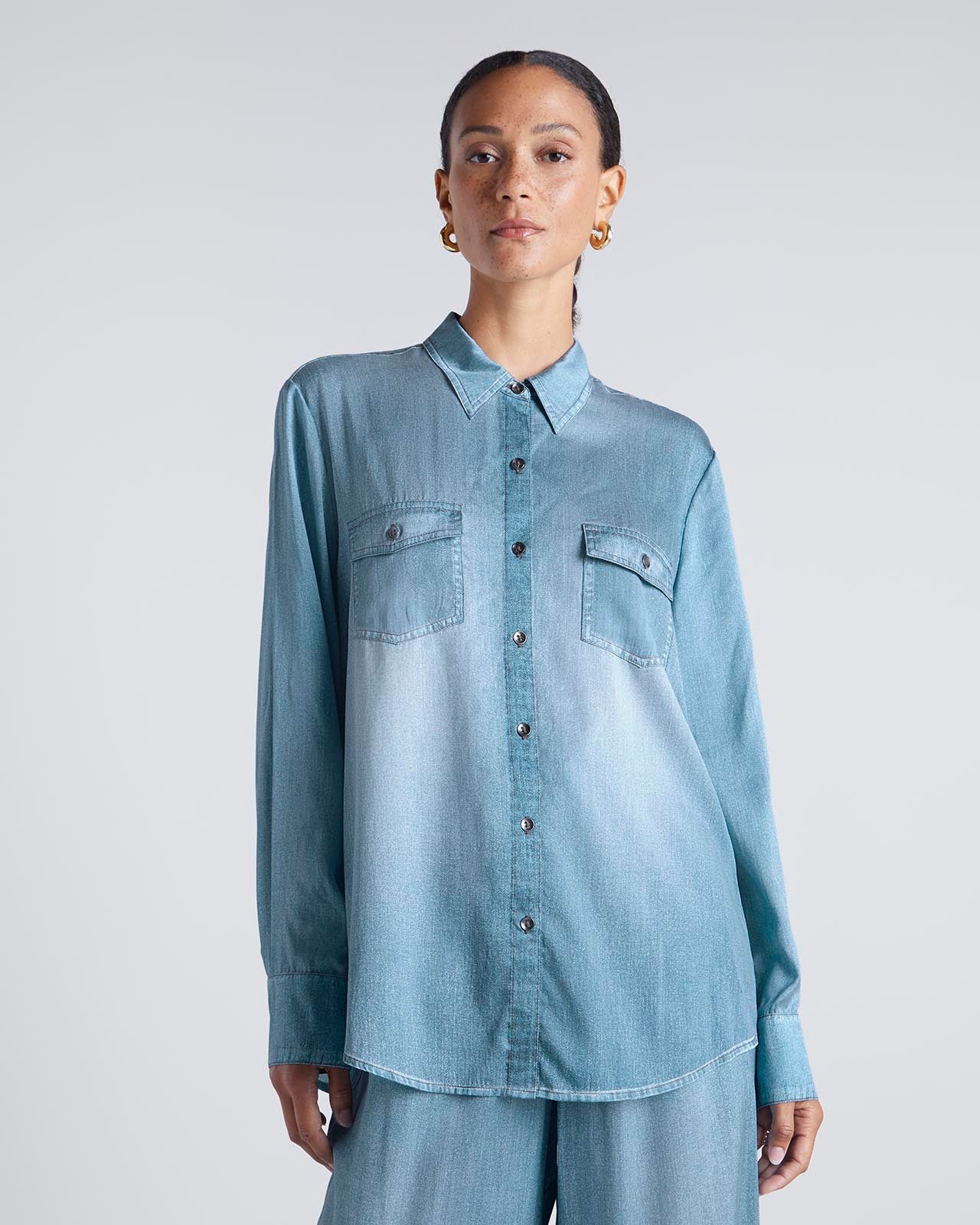 23081-kate-young-x-splendid-silk-button-down-denim-print-shirt-4.jpg Kate Young x Splendid Silk Button-Down Denim-Print Shirt