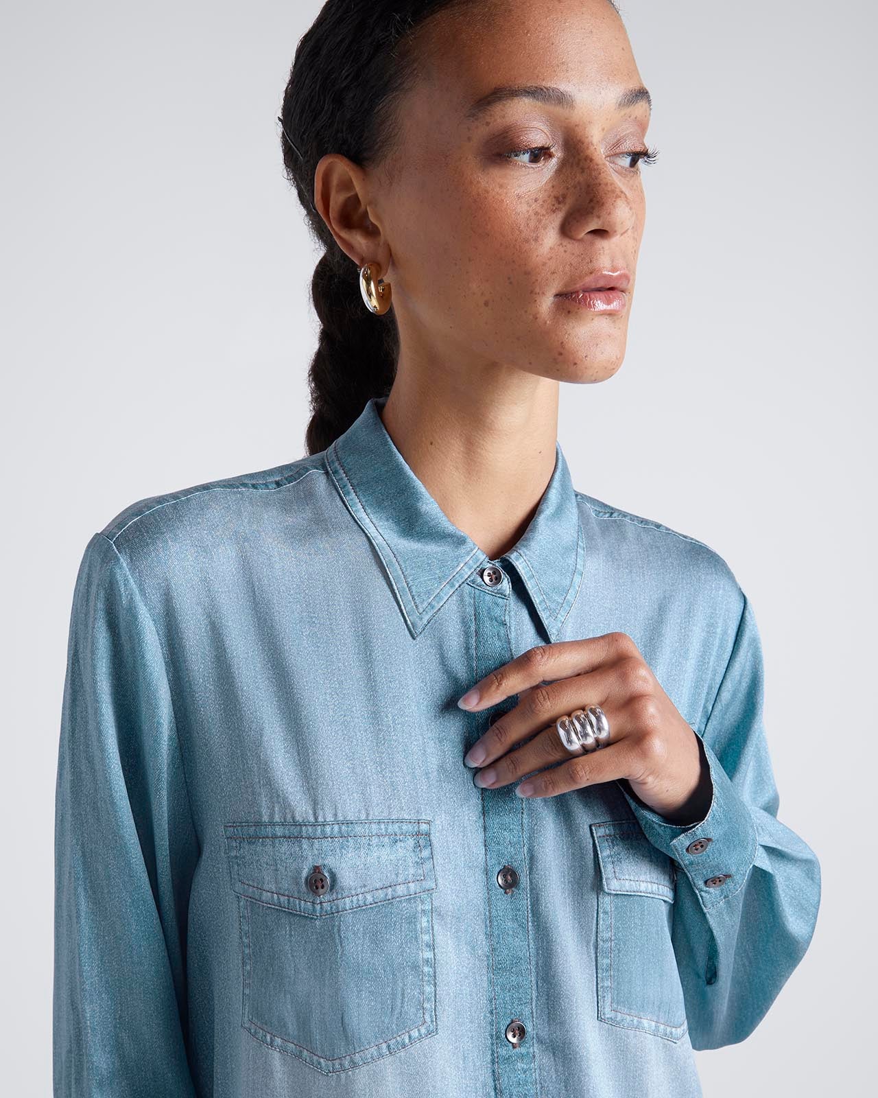 23081-kate-young-x-splendid-silk-button-down-denim-print-shirt-5.jpg Kate Young x Splendid Silk Button-Down Denim-Print Shirt