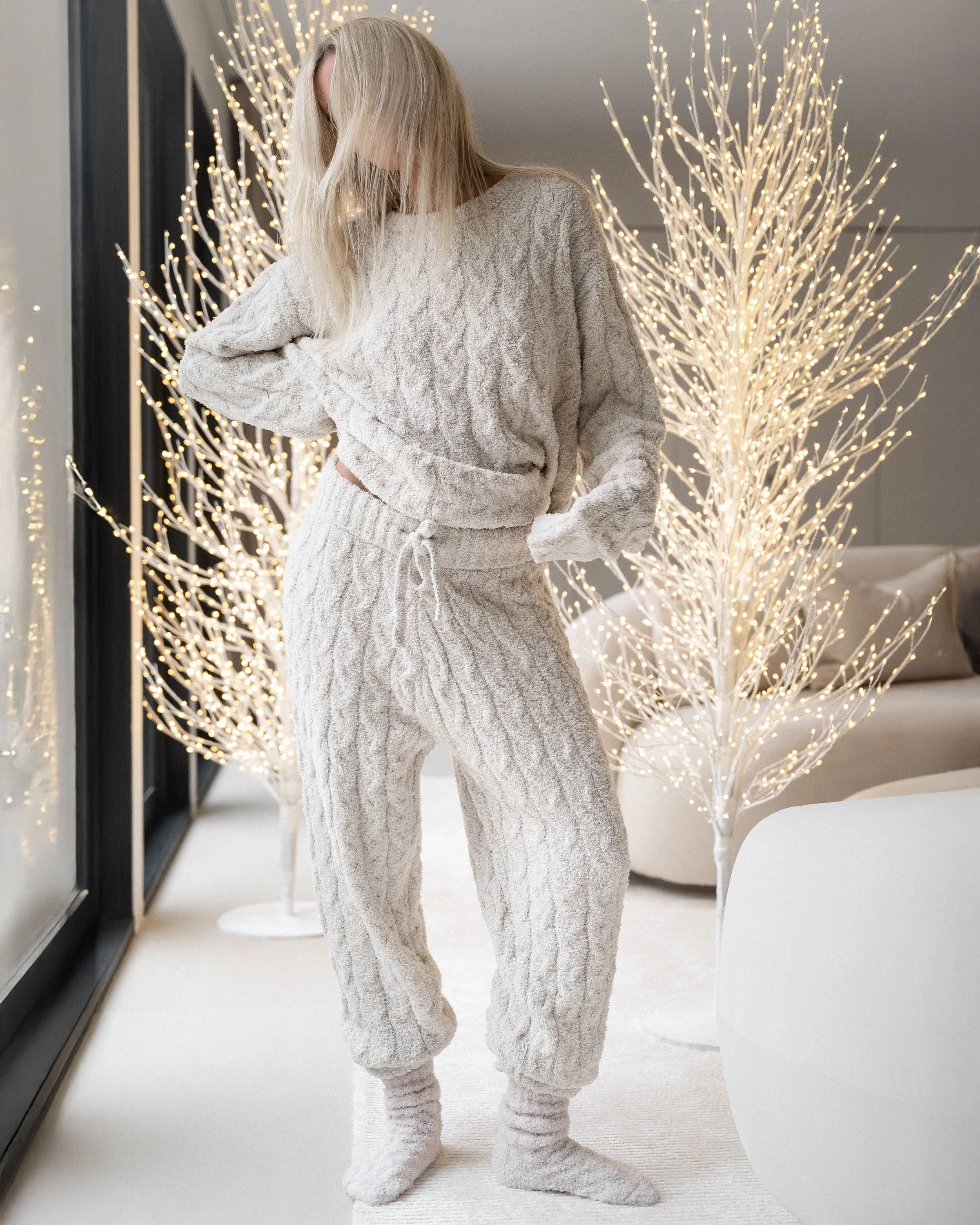 Ivory Fuzzy Cable Knit Sweater PJ Set