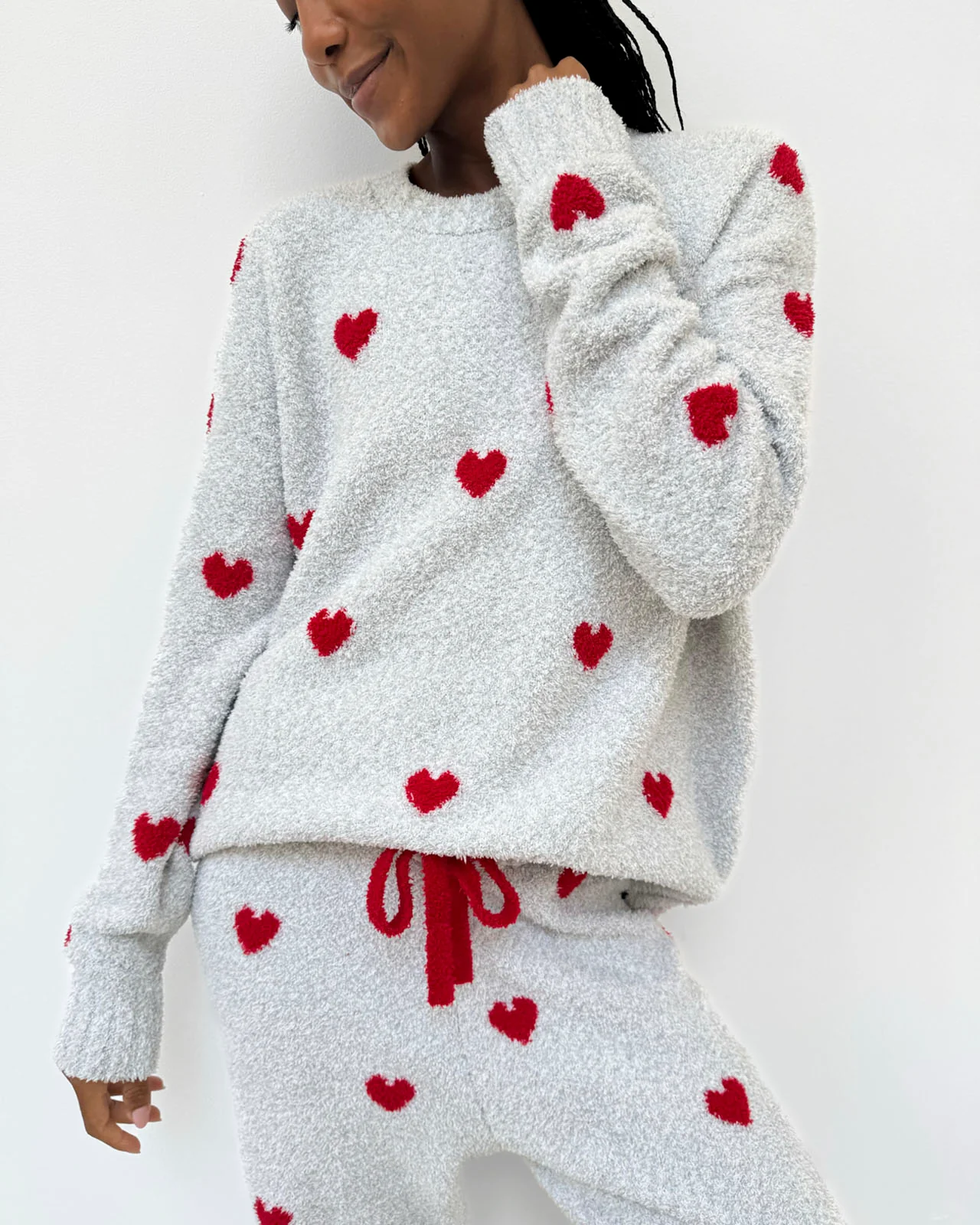 Red Hearts Fuzzy Sweater PJ Set