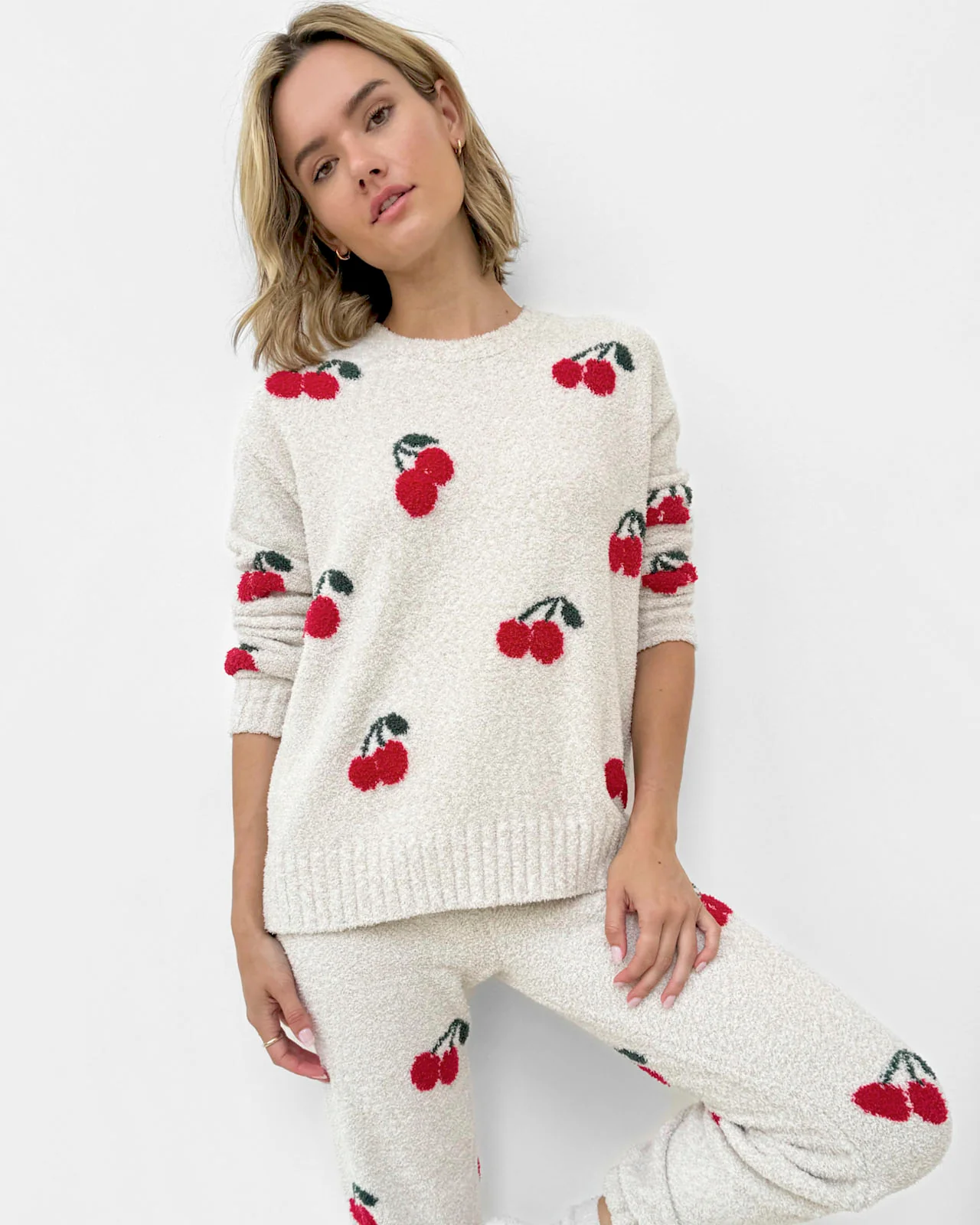 Cherries Fuzzy Sweater PJ Set