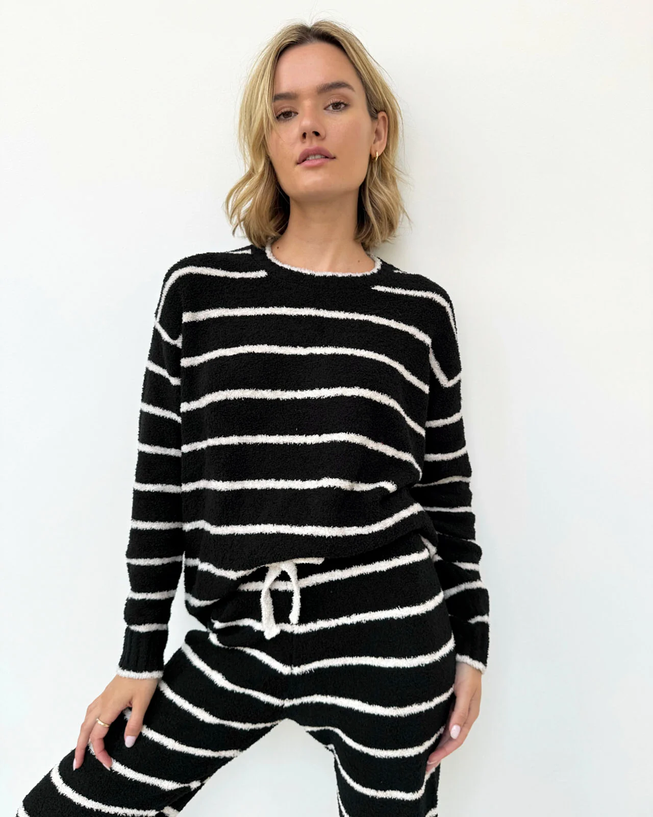 Black and Oat Stripe Fuzzy Sweater PJ Set